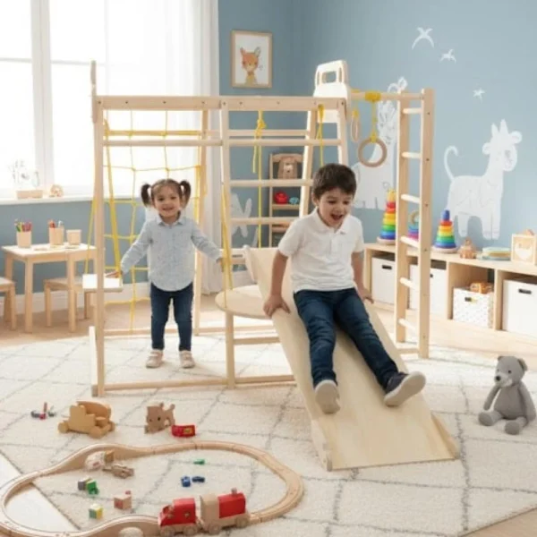 طقم ملعب خشبي داخلي للأطفال – طقم نشاط مونتيسوري (نسخة 2026)