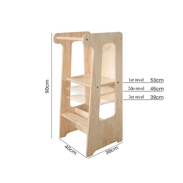 Torre-de-aprendizaje-convertible-medidas-1 برج التعلم مونتيسوري 3 في 1 – مساعد الأطفال مع سبورة وطاولة نشاط