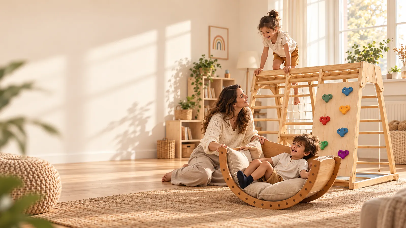 Mother enjoying playtime with her children using Kidseea wooden climbing toys